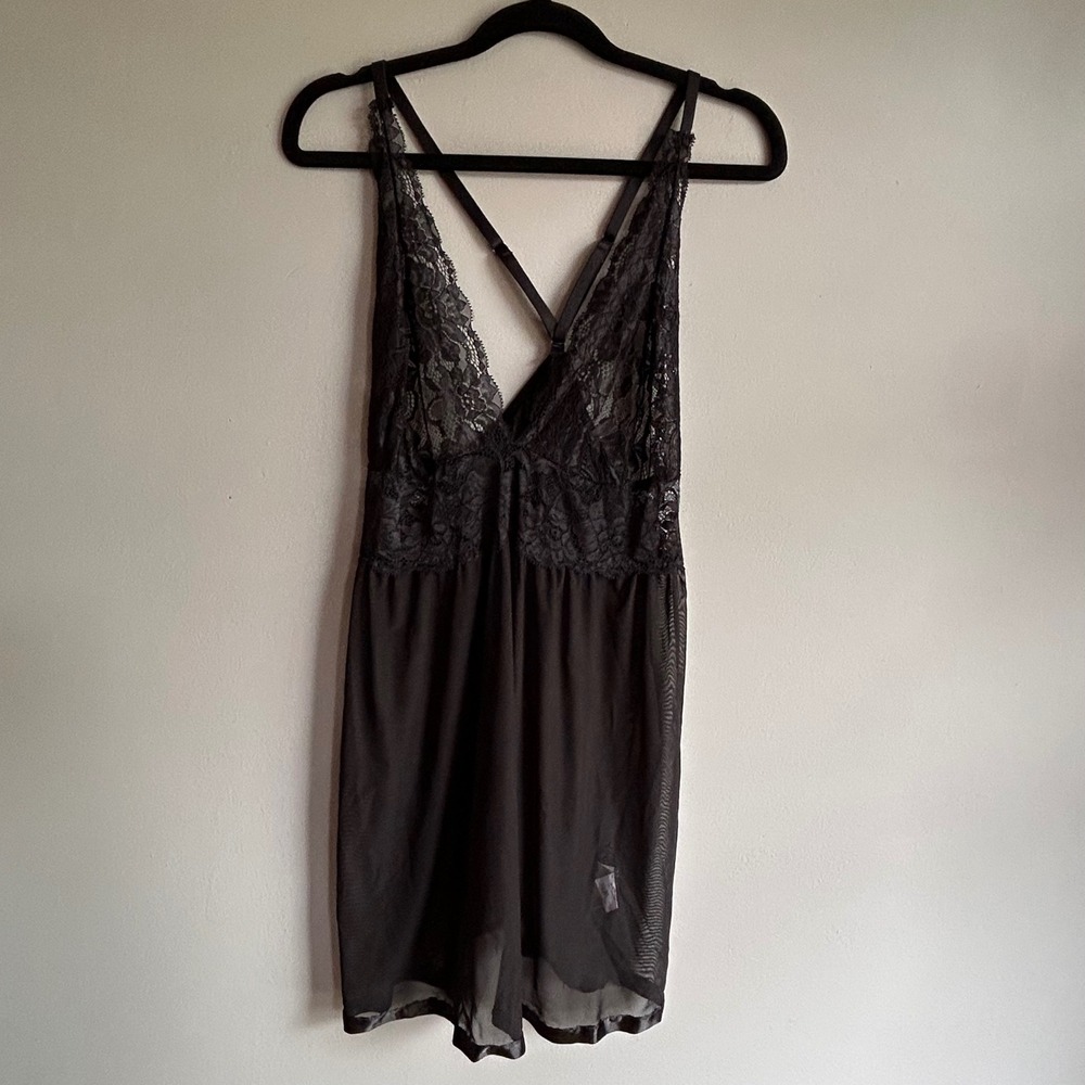 Black Floral Lace Sheer Mesh Babydoll Chemise Nightgown XL Adjustable Straps